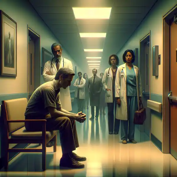 A man sitting alone on a chair in a hospital hallway, looking down with a somber expression, while several doctors and medical staff stand in the background watching him.