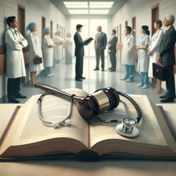 A wooden judge's gavel and a medical stethoscope resting on an open law book, with a blurred background of a hospital hallway filled with doctors and professionals in suits.